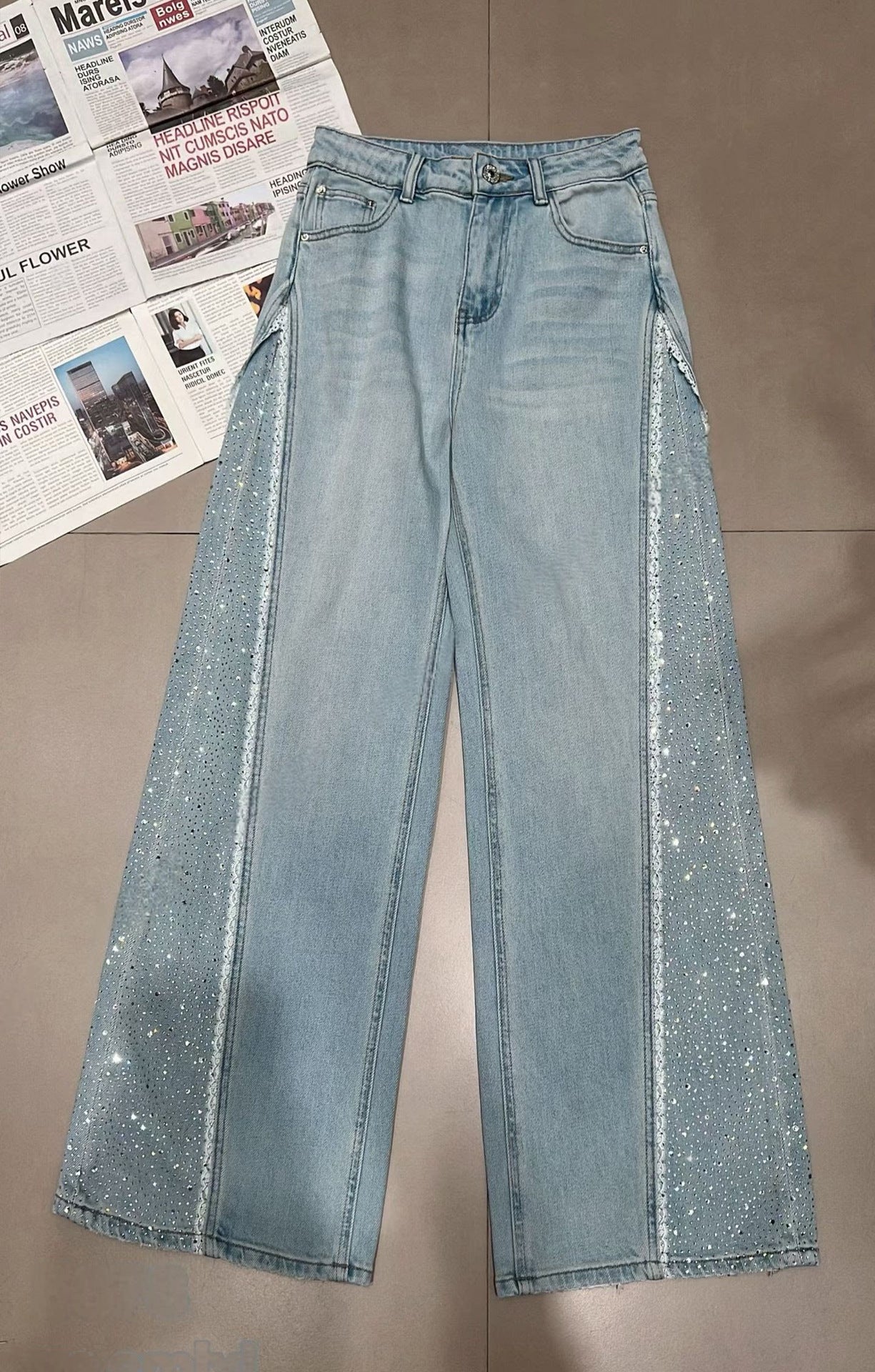 Wide Leg Sparkling Rhinestone Jeans - Fashionnsio