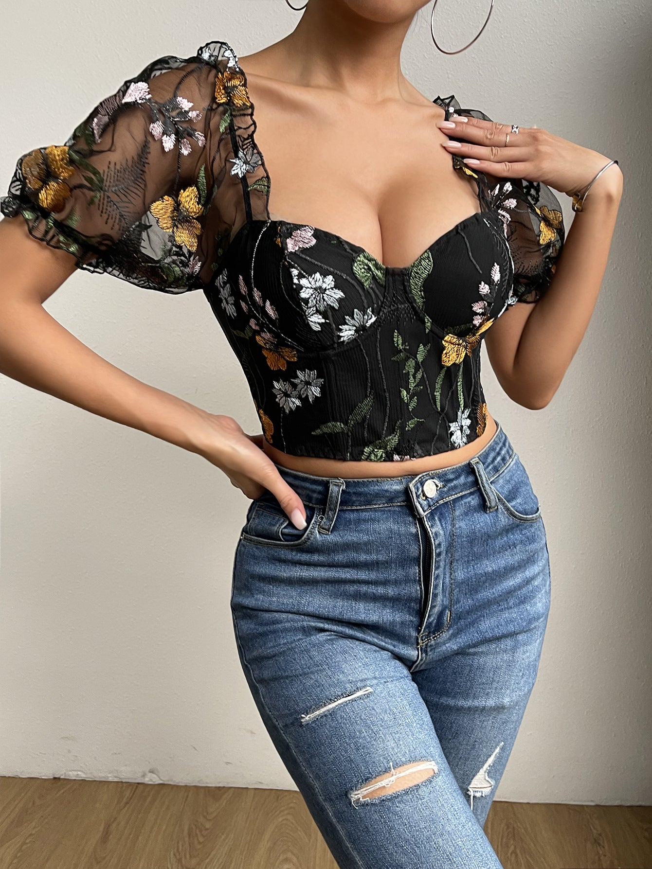 Flowers Embroidered Puff Sleeve Corset Top