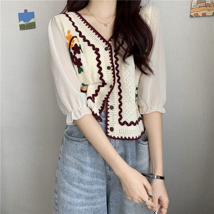 Flower Embroidery Crochet Cardigan/Top