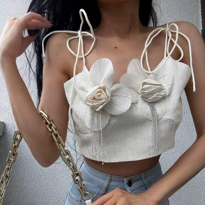 Flower Pearl Tassel Lace-up Top