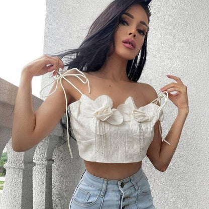 Flower Pearl Tassel Lace-up Top