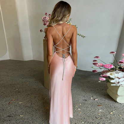 Satin Lace Up Slit Dress