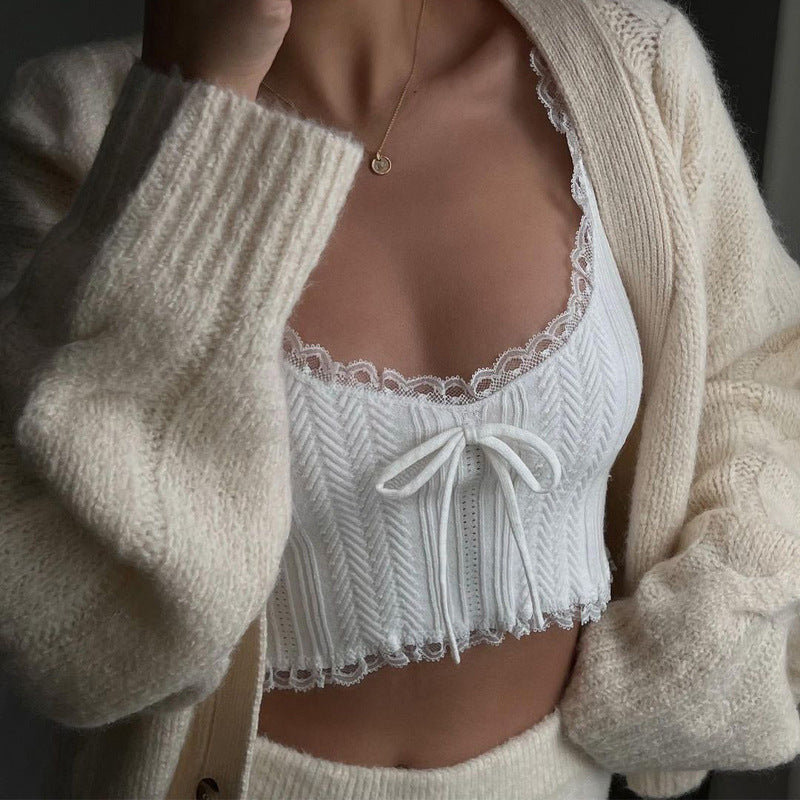 Bow Lace Knitted Crop Top