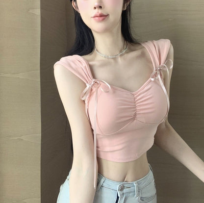 Pleated Bow Strap Crop Top