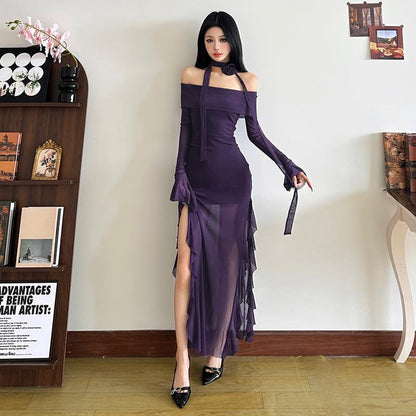 Off Shoulder Mesh Ruffle Dress - Fashionnsio