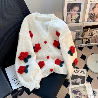 3D Flower Knitted Loose Cardigan Top - Fashionnsio