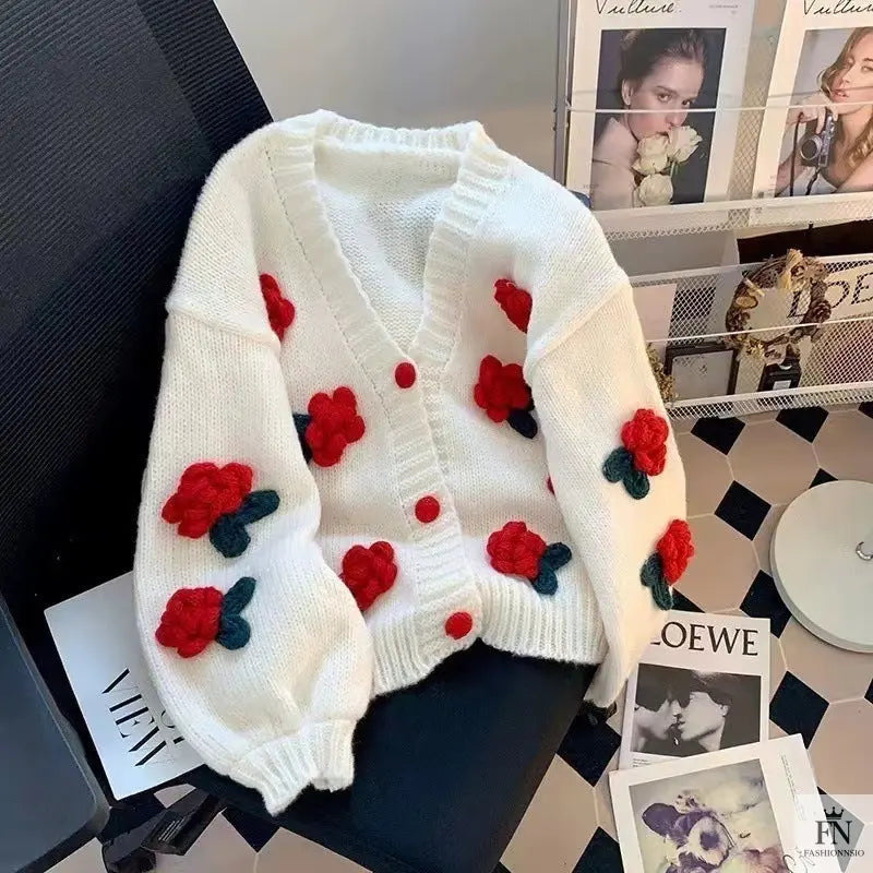 3D Flower Knitted Loose Cardigan Top - Fashionnsio
