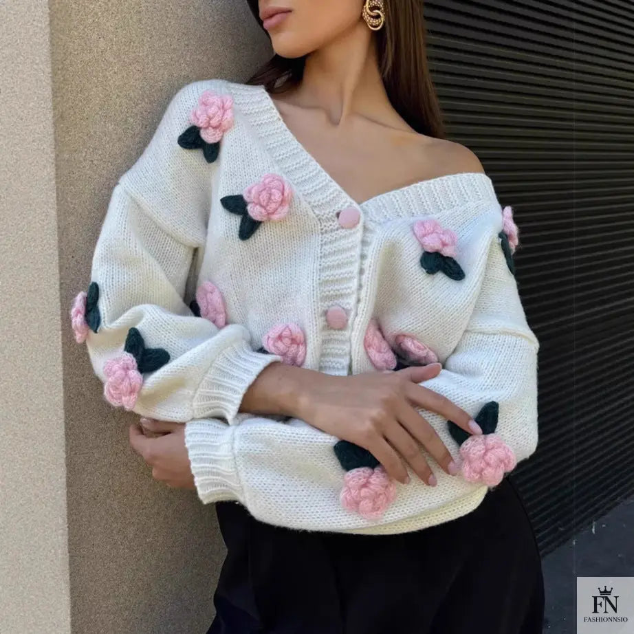 3D Flower Knitted Loose Cardigan Top - Fashionnsio