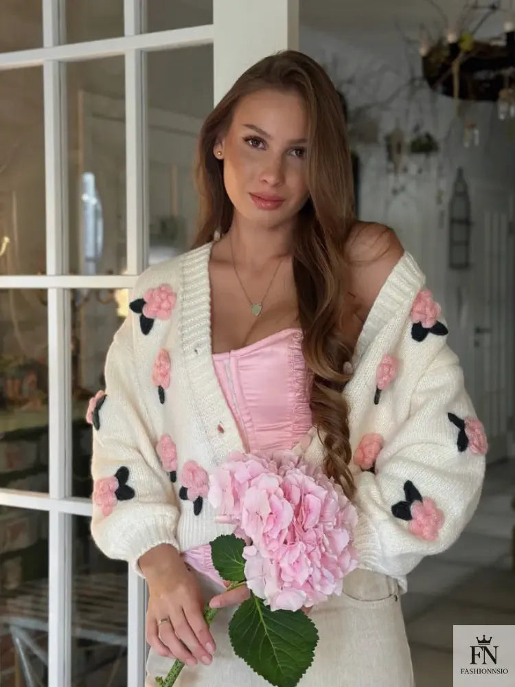 3D Flower Knitted Loose Cardigan Top - Fashionnsio