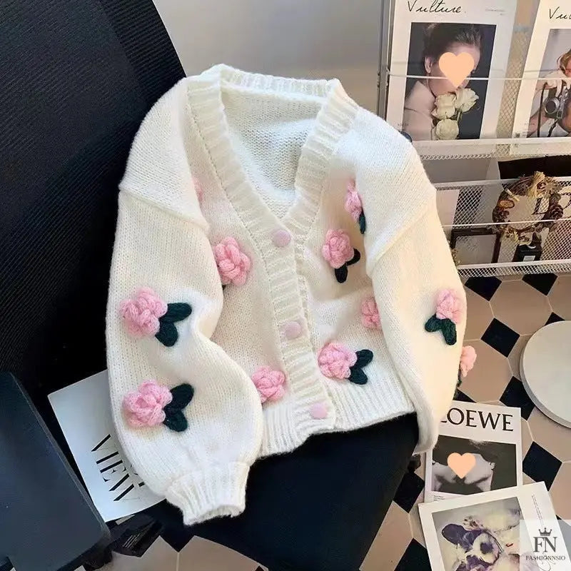 3D Flower Knitted Loose Cardigan Top - Fashionnsio