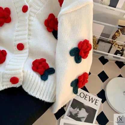 3D Flower Knitted Loose Cardigan Top - Fashionnsio