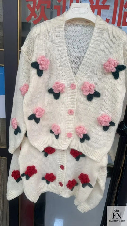 3D Flower Knitted Loose Cardigan Top - Fashionnsio
