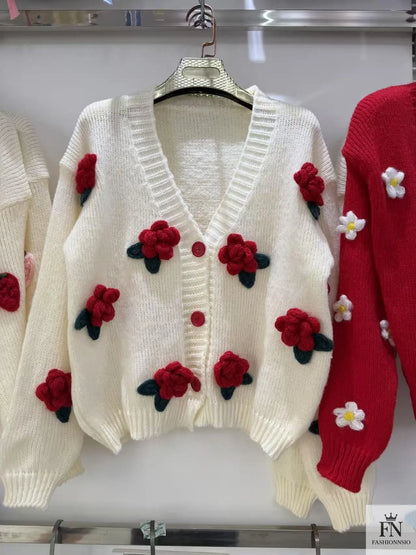 3D Flower Knitted Loose Cardigan Top - Fashionnsio