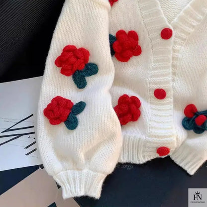 3D Flower Knitted Loose Cardigan Top - Fashionnsio