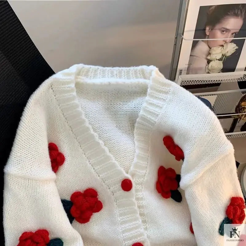 3D Flower Knitted Loose Cardigan Top - Fashionnsio