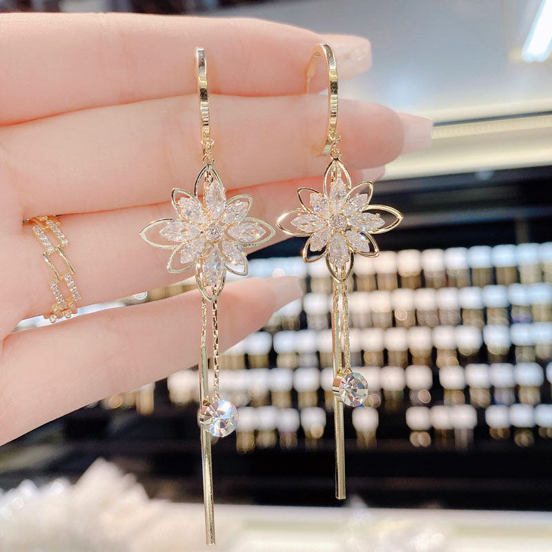 Crystal Flower Tassel Drop Earrings fashionnsio