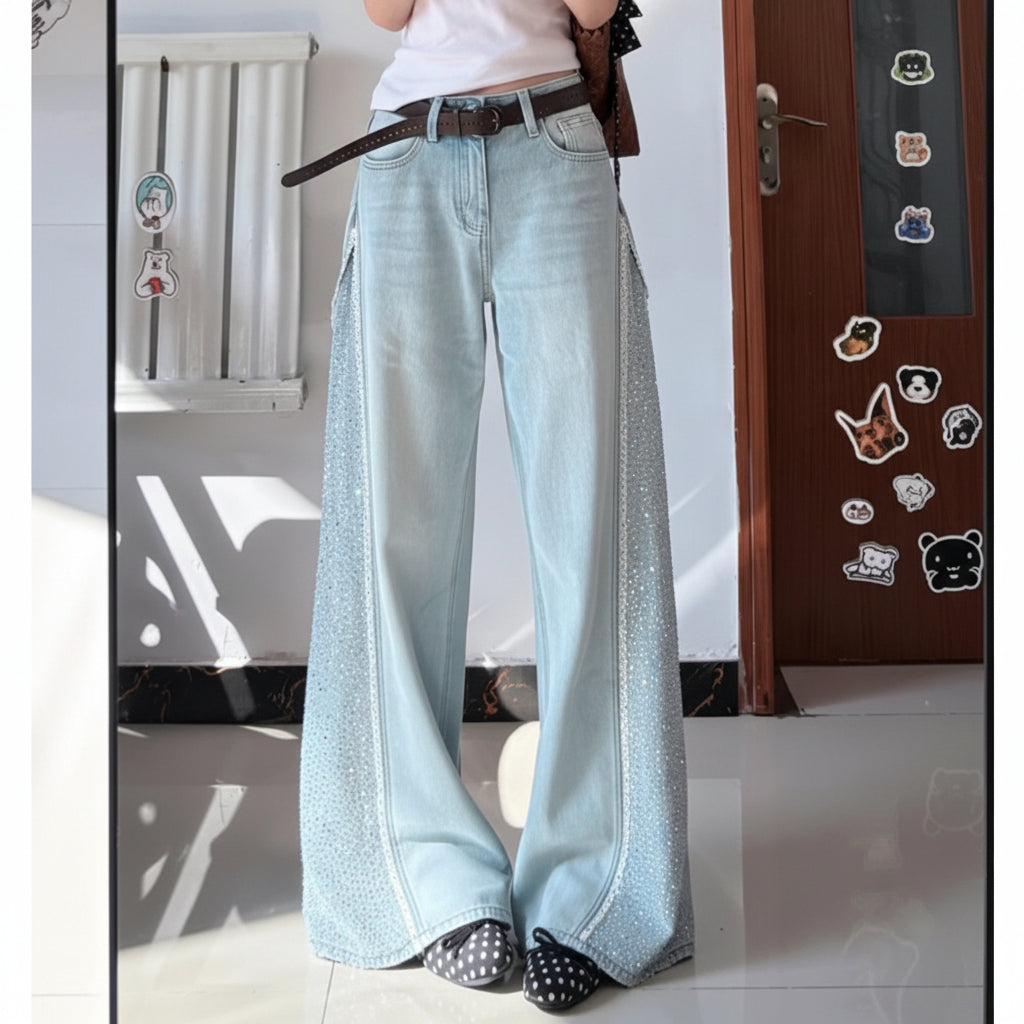 Wide Leg Sparkling Rhinestone Jeans - Fashionnsio