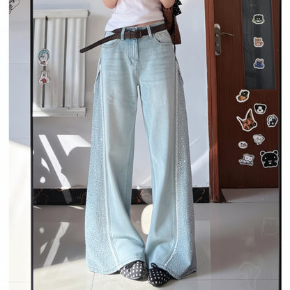 Wide Leg Sparkling Rhinestone Jeans - Fashionnsio