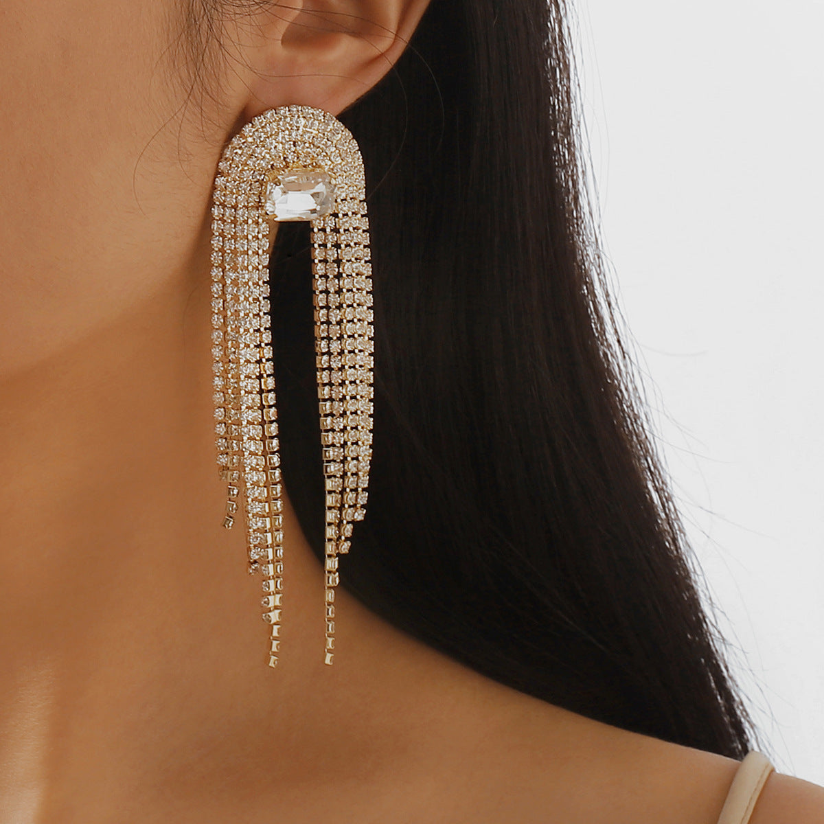 Shiny Long Crystal Tassel Drop Earrings fashionnsio