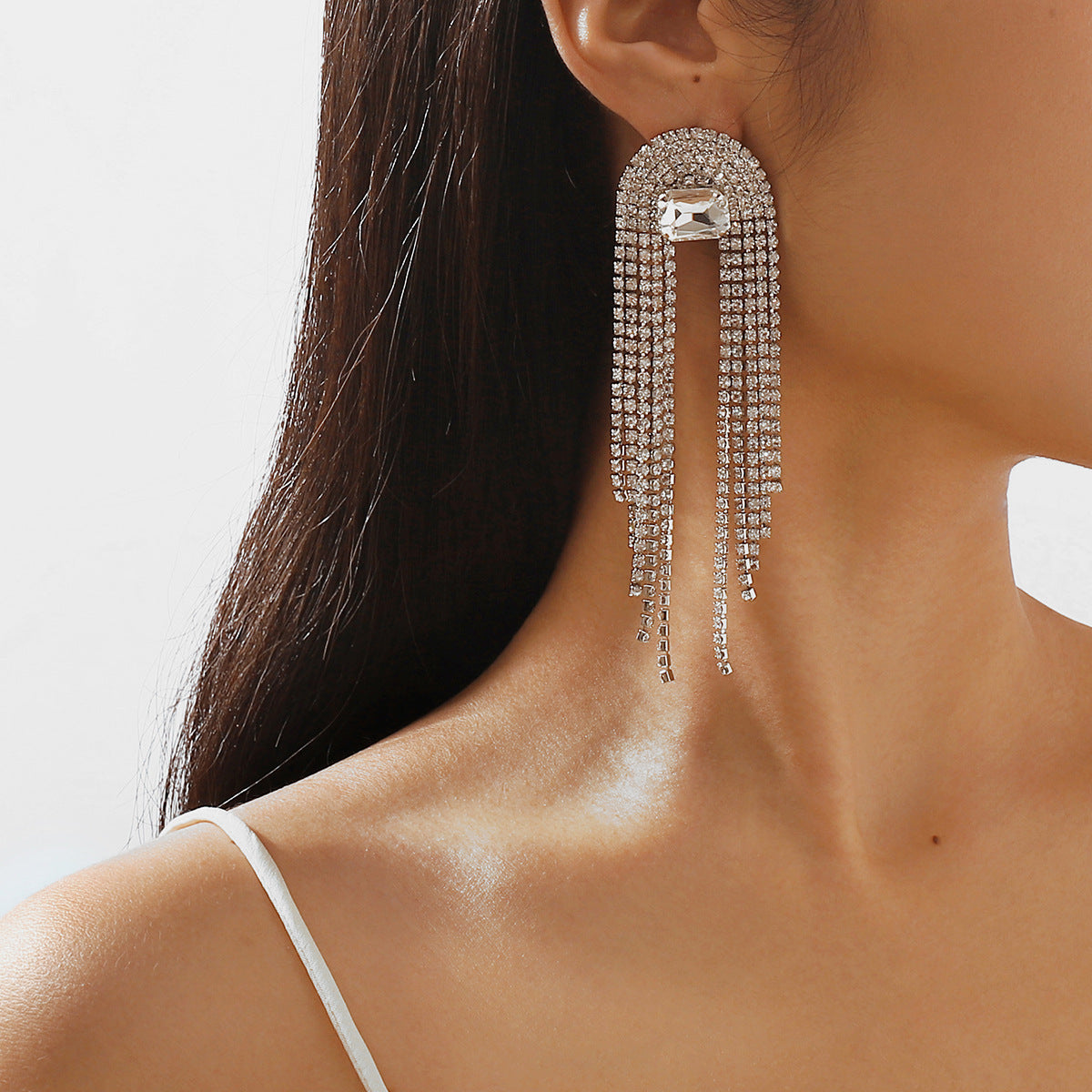 Shiny Long Crystal Tassel Drop Earrings fashionnsio