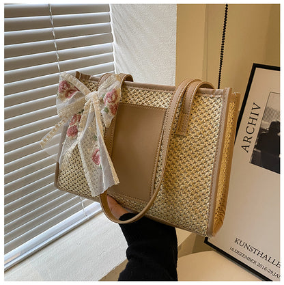 Flower Embroidery Woven Tote Bags - Fashionnsio