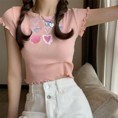 Heart Ruffle Knitted T-shirt Top