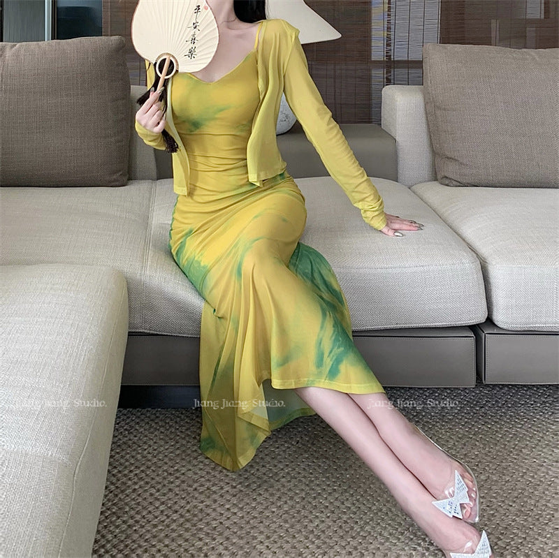 Bodycon Dress - Long Dress With Cardigan - Korean Dress Yellow / S Bodycon Dress - Long Dress With Cardigan - Korean Dress Yellow / S