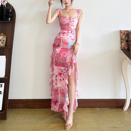 Floral Print Long Ruffle Dress - Fashionnsio