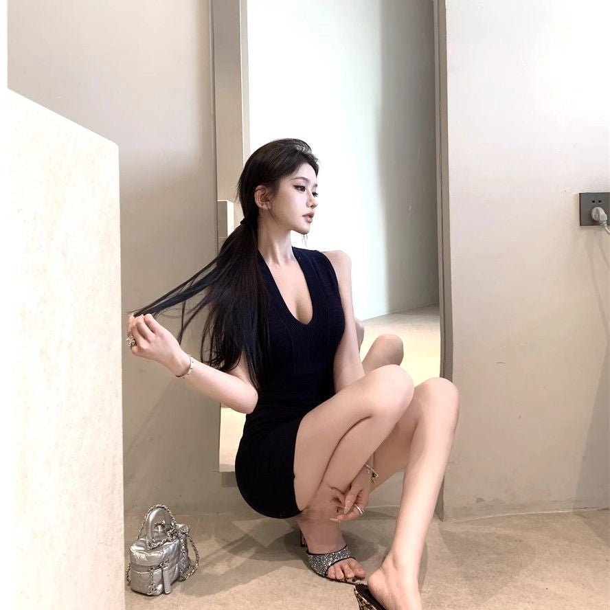 V-neck Knitted Mini Dress - Fashionnsio