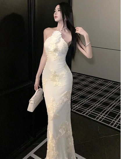 Floral Embroidery Bodycon Long Dress - Fashionnsio