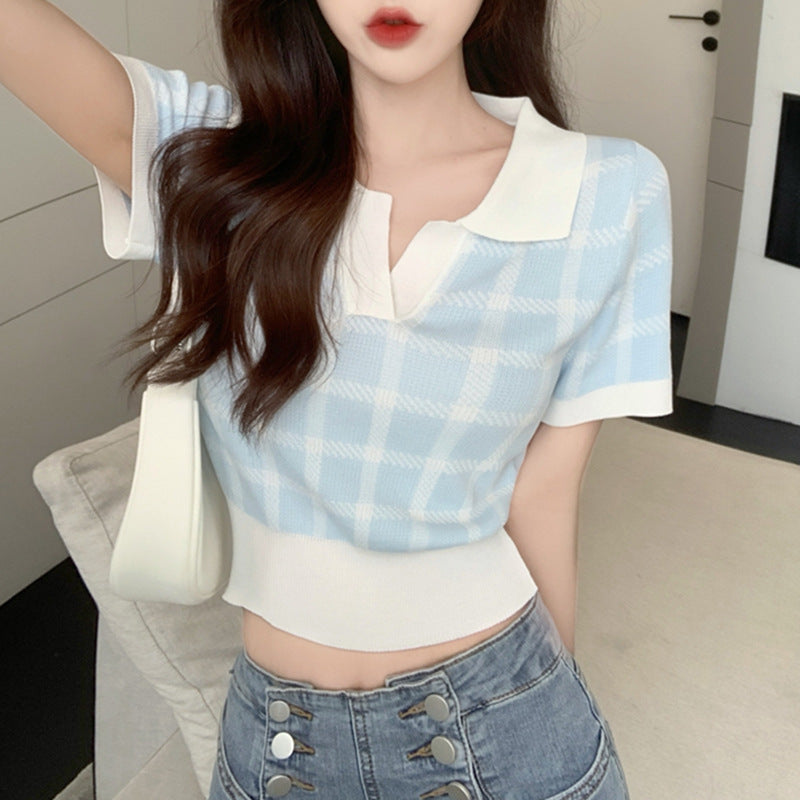 Korean Knitted Plaid Top