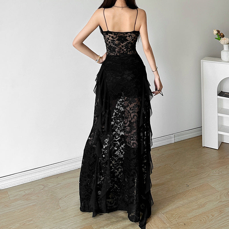 Lace Slit Long Black Dress - Fashionnsio