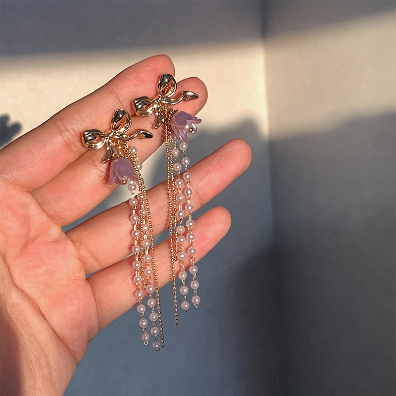 Bow Purple Tulip Pearl Earrings fashionnsio