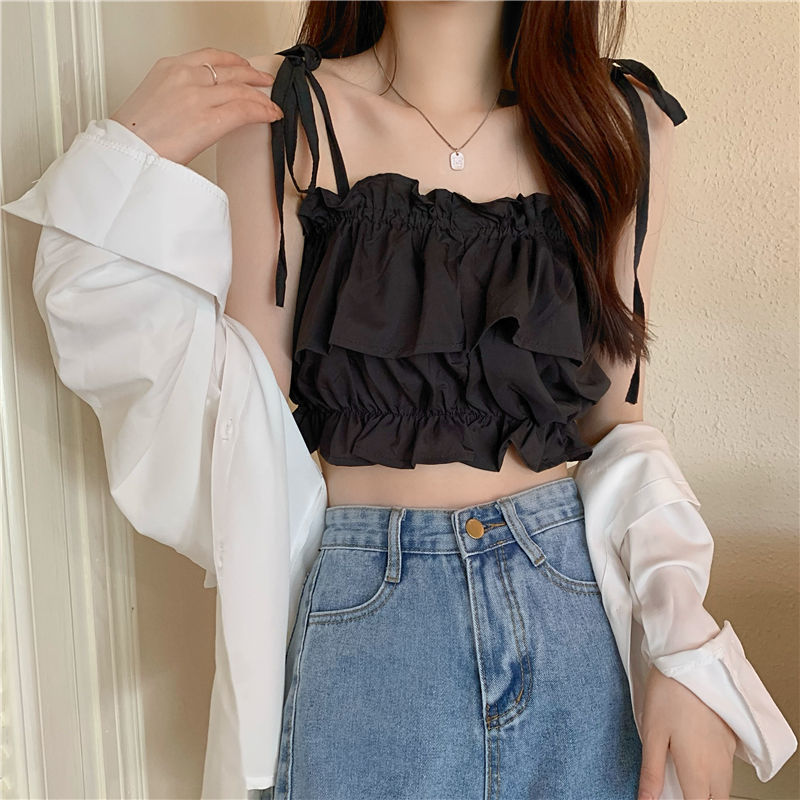 Ruffled Lace Up Strap Top