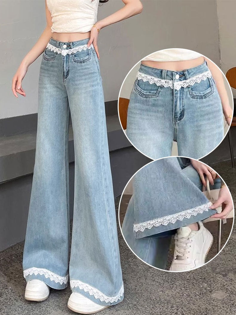 Wide Leg Trim Lace Jeans - Fashionnsio