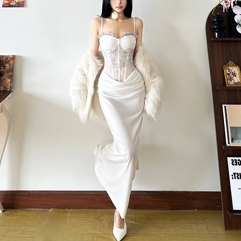 Lace Mesh Long Corset Dress - Fashionnsio