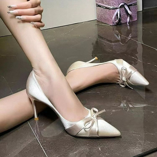 Satin Bow Pointed Heels - Fashionnsio