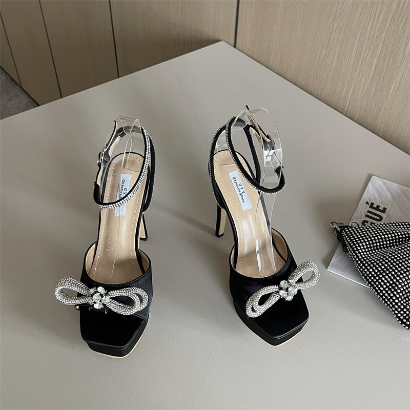 Rhinestone Bow Knot Crystal Ankle Strap Heels