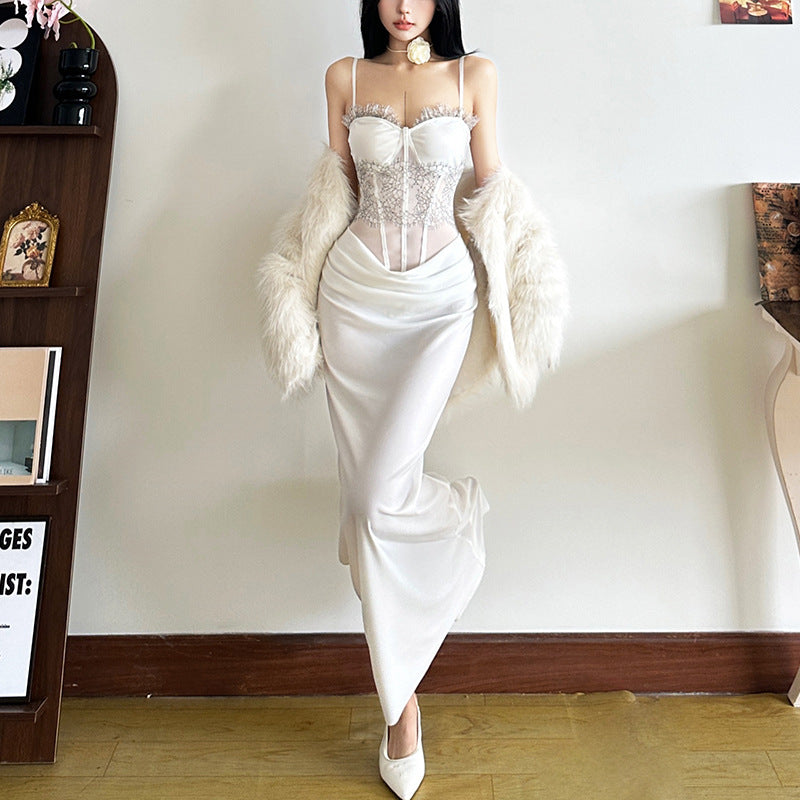 Lace Mesh Long Corset Dress - Fashionnsio