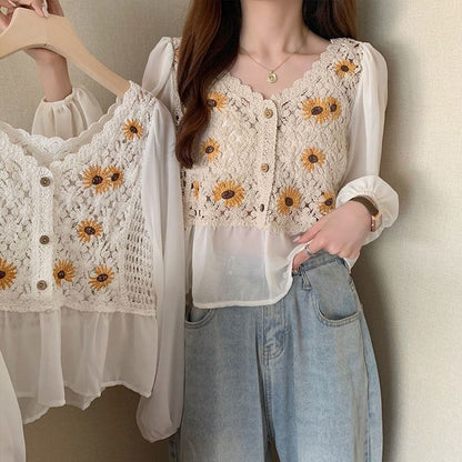 Flower Embroidery Puff Sleeve Blouse Top