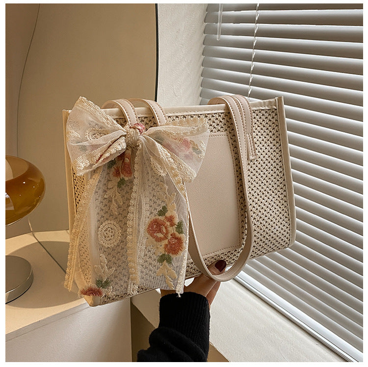 Flower Embroidery Woven Tote Bags - Fashionnsio