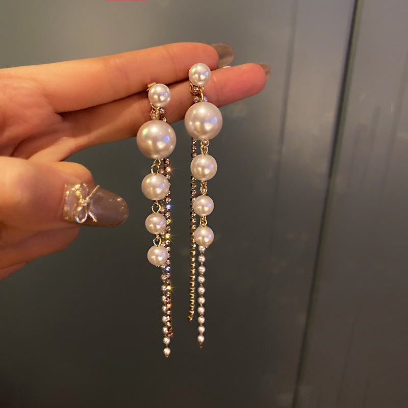 Pearl Tassel Long Diamond Earrings fashionnsio