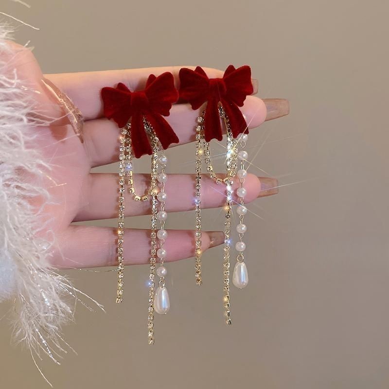 Bow Red Diamond Pearl Tassel Earrings fashionnsio