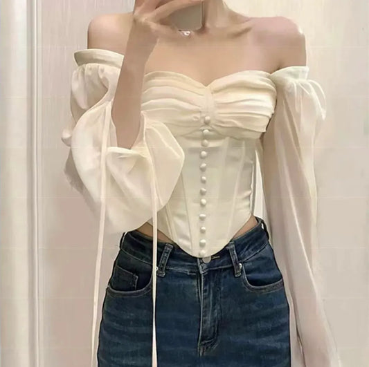 Puff Sleeve Button Corset Top