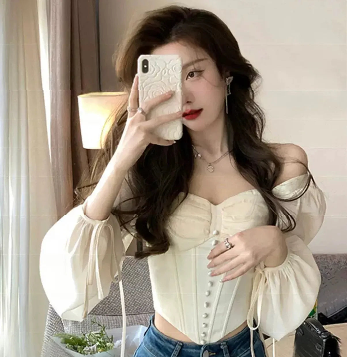 Puff Sleeve Button Corset Top