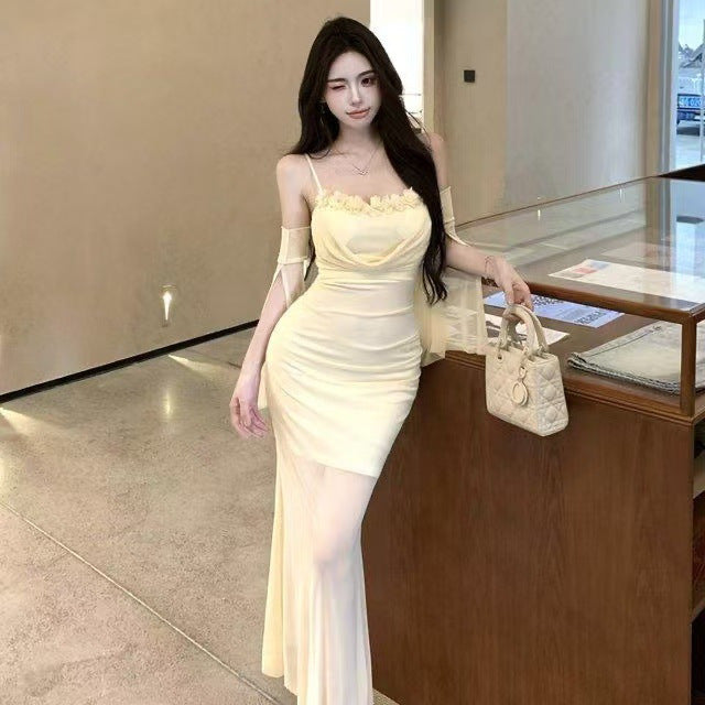 Floral Mesh Long Bodycon Dress - Fashionnsio