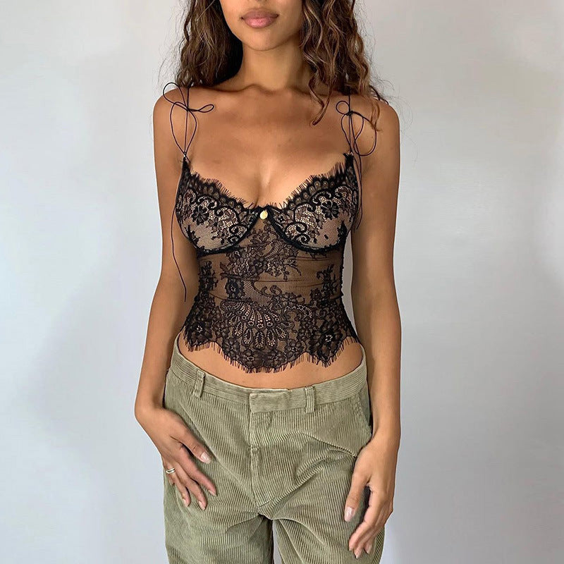 Floral Spaghetti Strap Lace Mesh Top