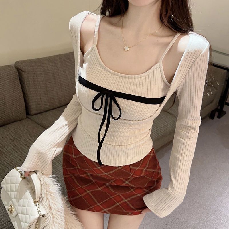 Korean Bow Knit Two Piece Set Top