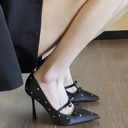 Diamond Studded Bow Pointed Heels - Fashionnsio
