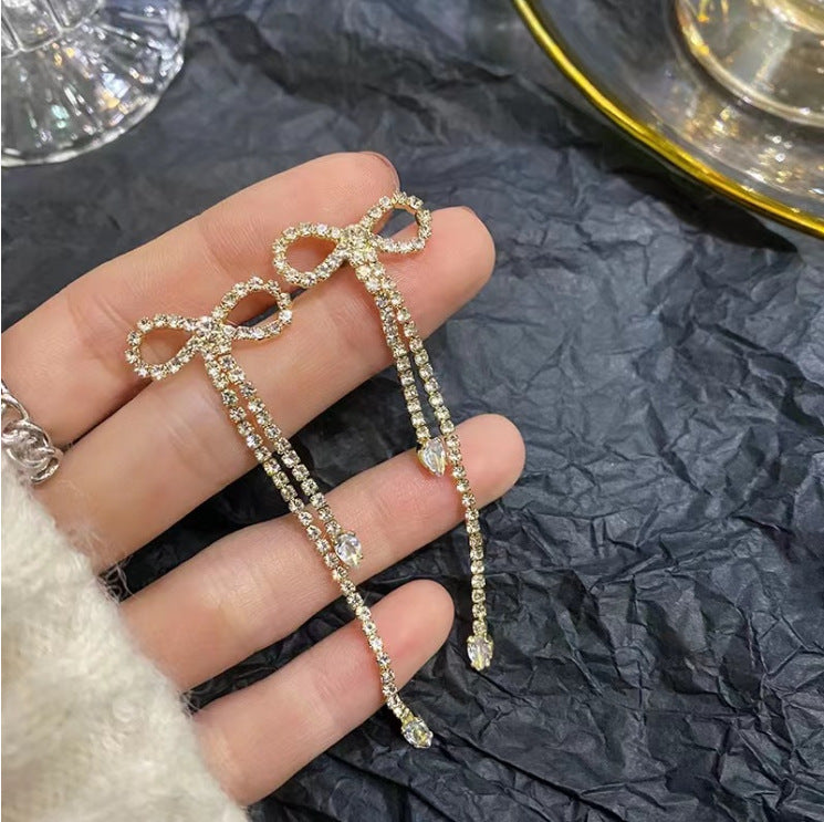 Rhinestone Crystal Bowknot Long Earrings fashionnsio